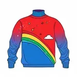 bright red long-sleeved turtleneck sweater with shooting star and rainbow image